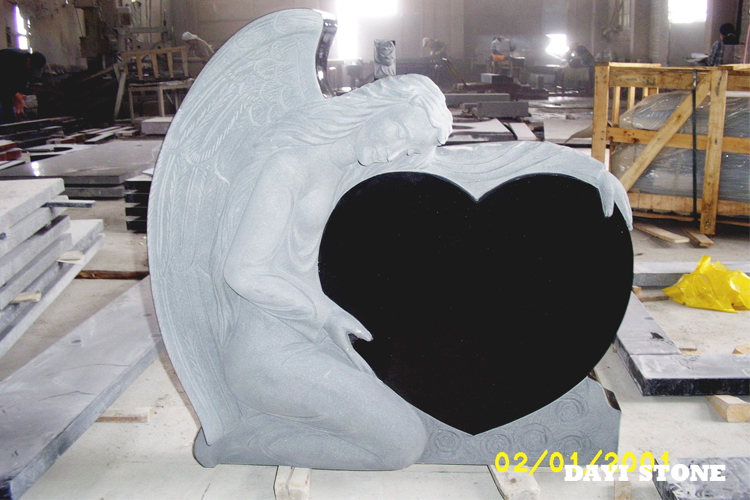 Balck Granite Headstone With Heart & Angel Statue